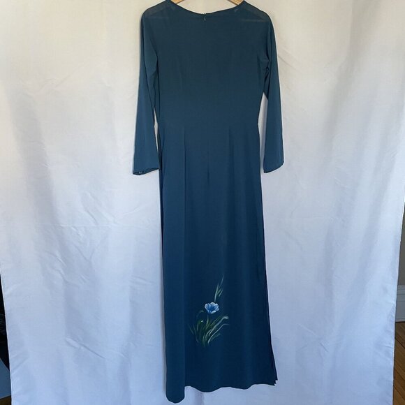 Vintage Teal Maxi Dress With Floral Hand-Painted Design & Long Sleeves high slit - Picture 8 of 10